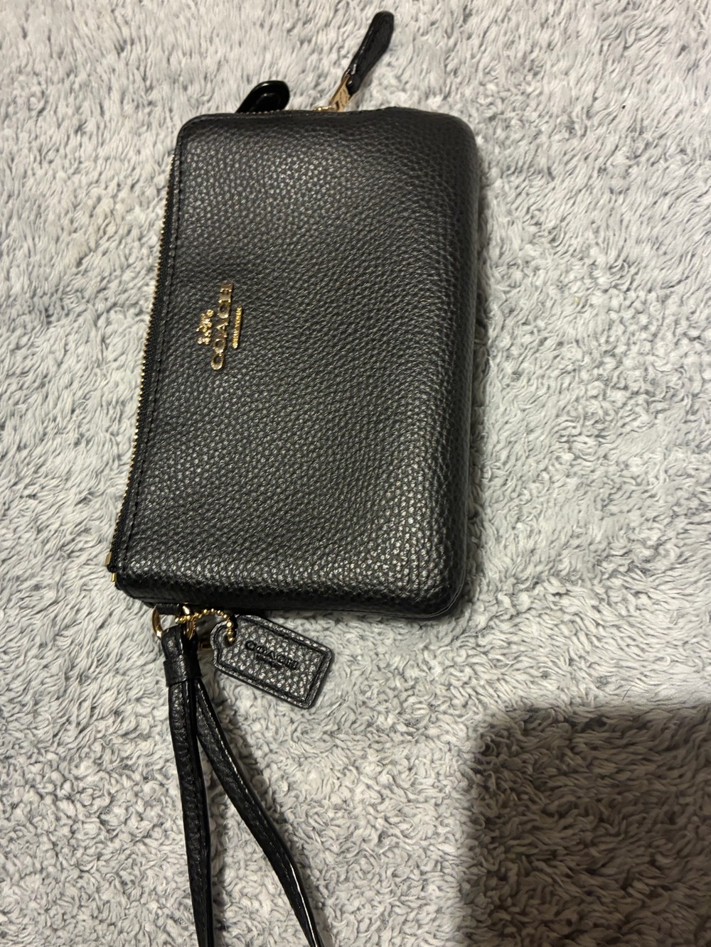 Coach Black Pebbled Leather Zip Wristlet with Gold Logo - Picture 2 of 4